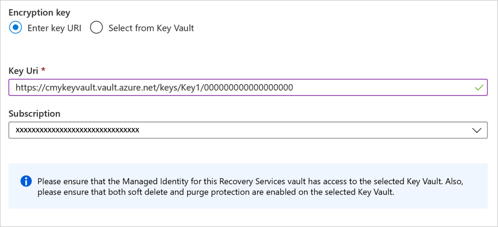 Screenshot that shows a key URI for a Recovery Services vault.