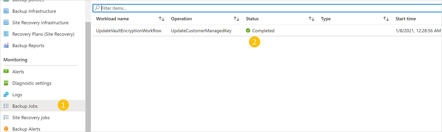 Screenshot that shows the status of a backup job as completed.