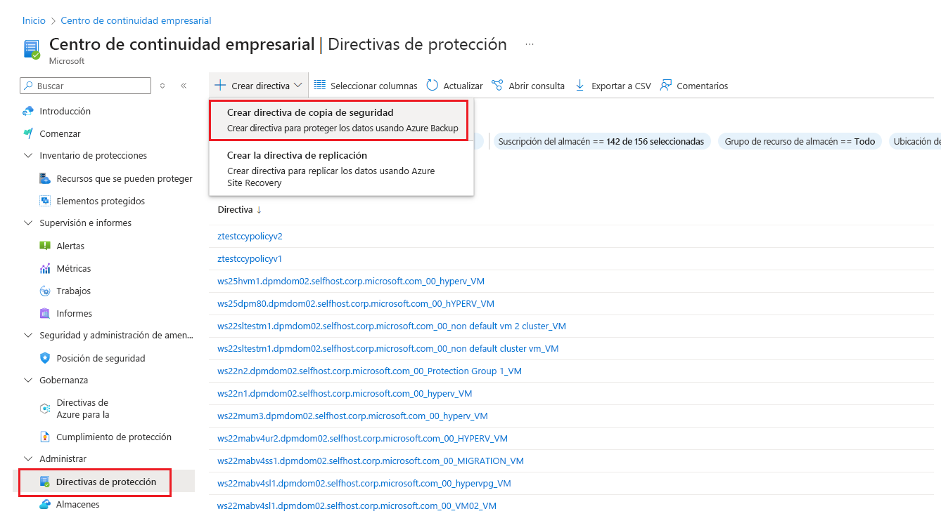Captura de pantalla que muestra la opción para empezar a crear una nueva directiva de copia de seguridad.