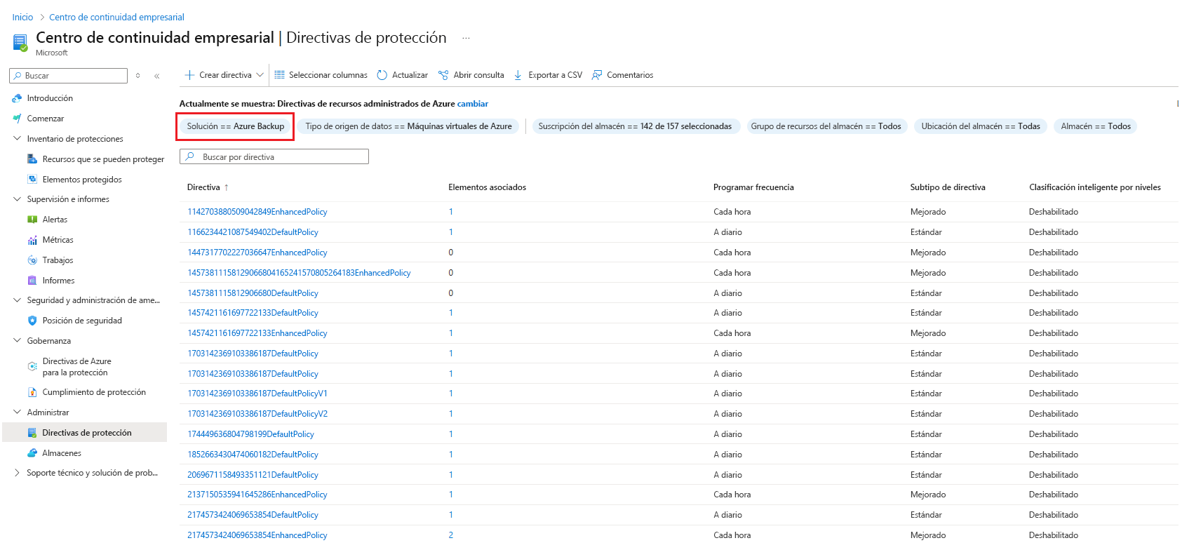 Captura de pantalla que muestra todas las directivas de copia de seguridad.