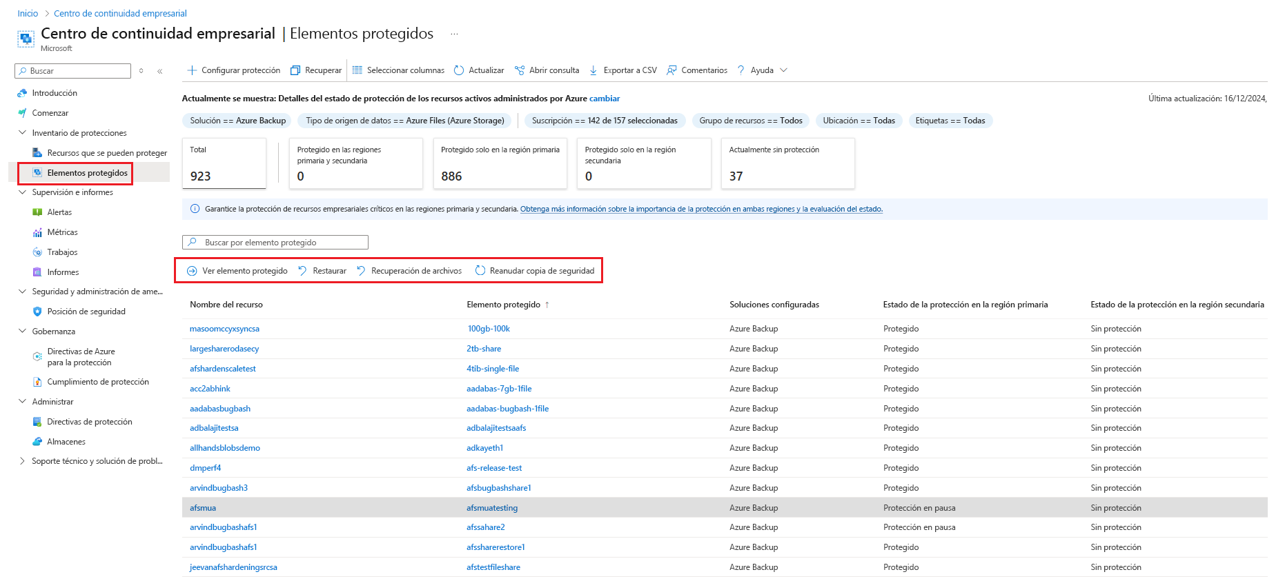 Captura de pantalla que muestra la lista de acciones disponibles para que el elemento reanude la protección.