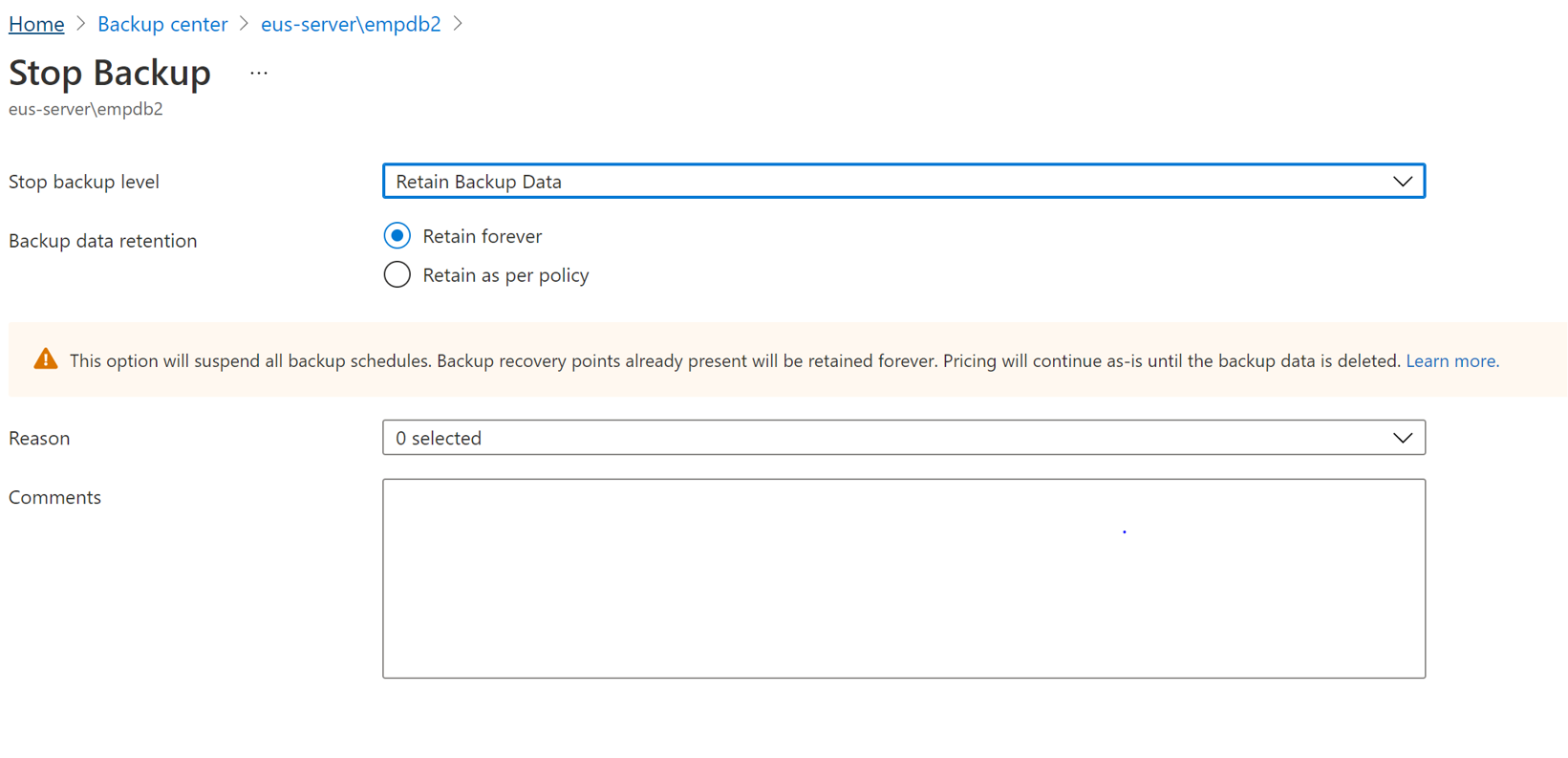Captura de pantalla que muestra las opciones para la retención de datos que se va a seleccionar.