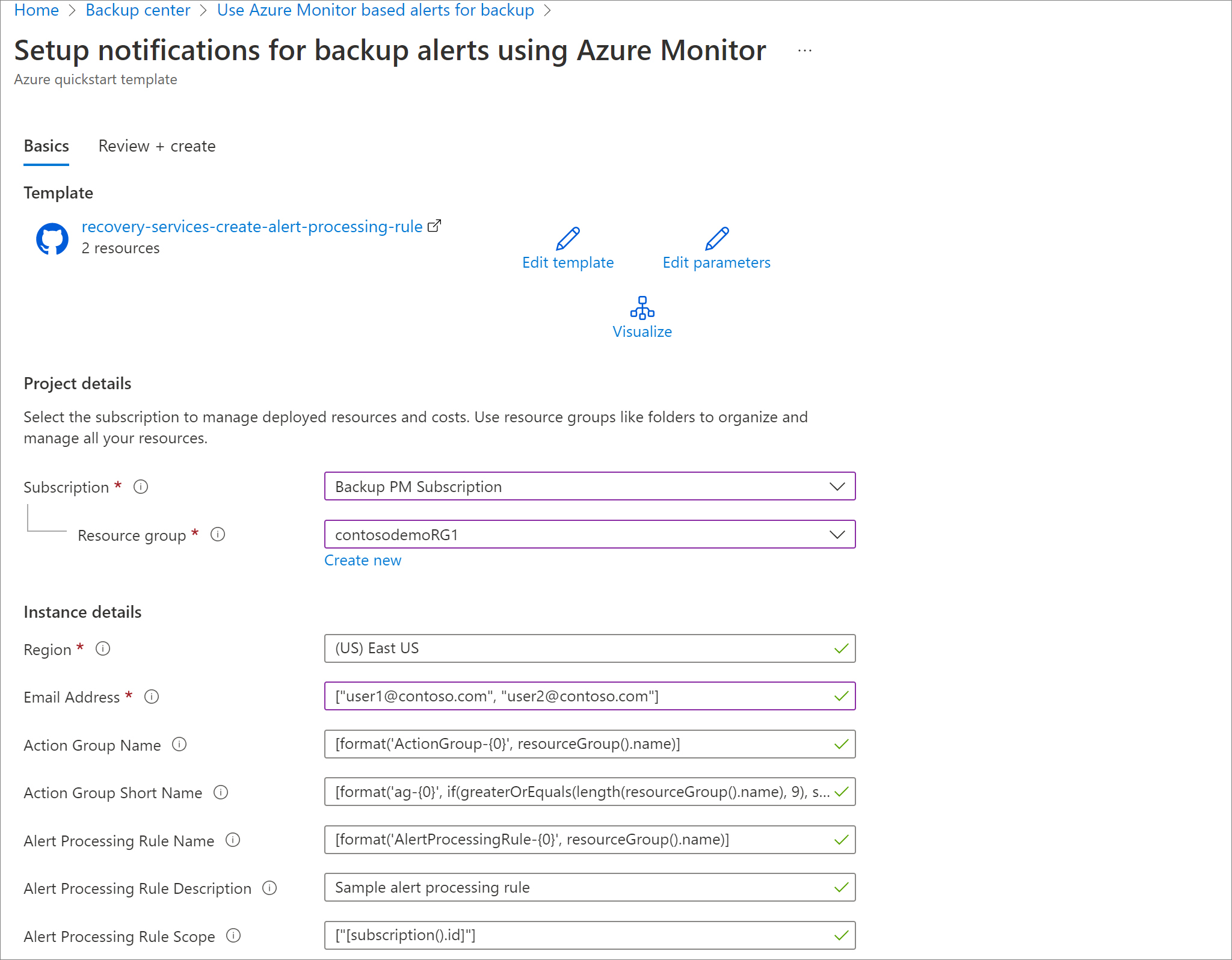 Captura de pantalla que muestra los parámetros de la plantilla para configurar las reglas de notificación para las alertas de Azure Monitor.
