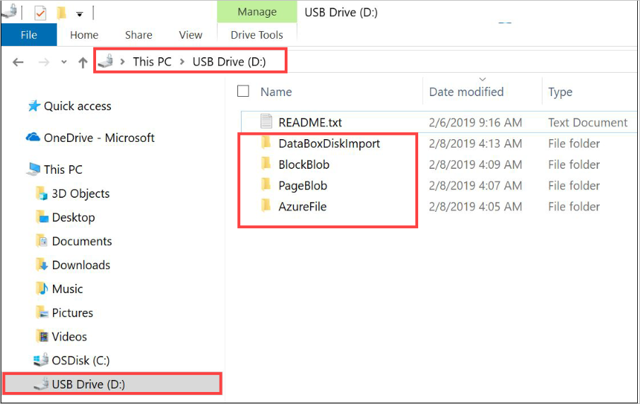 Captura de pantalla que muestra el directorio raíz del disco de Azure Data Box.