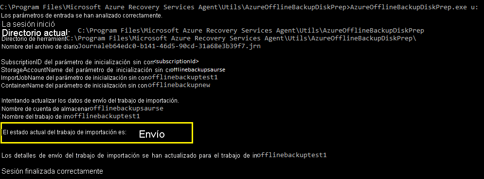 Captura de pantalla que muestra cómo comprobar el estado del trabajo de importación.