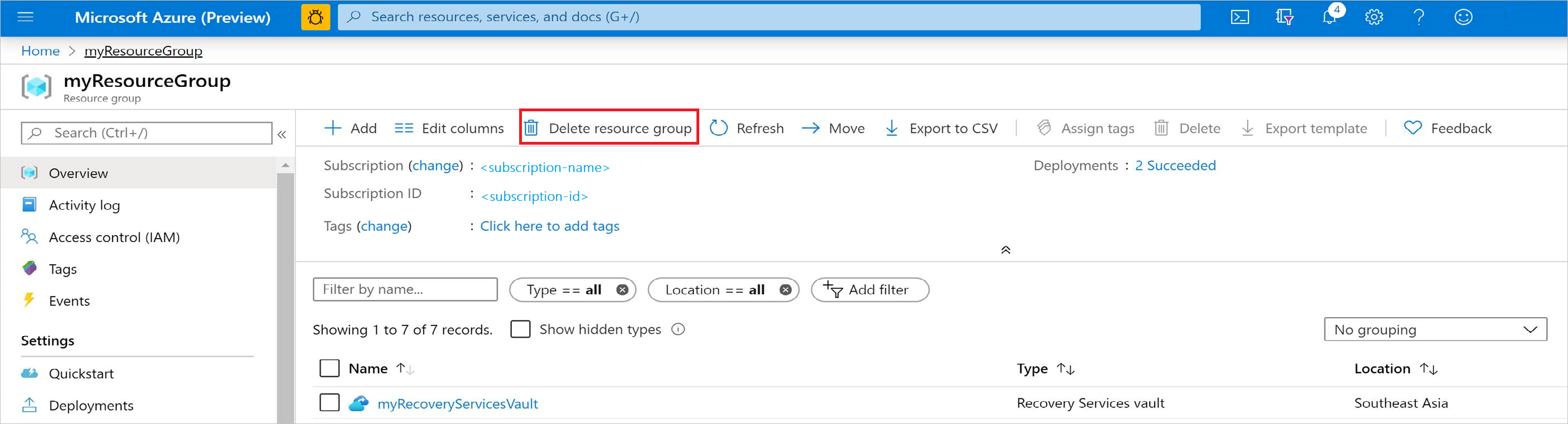 Screenshot showing to delete the resource group from the Azure portal.