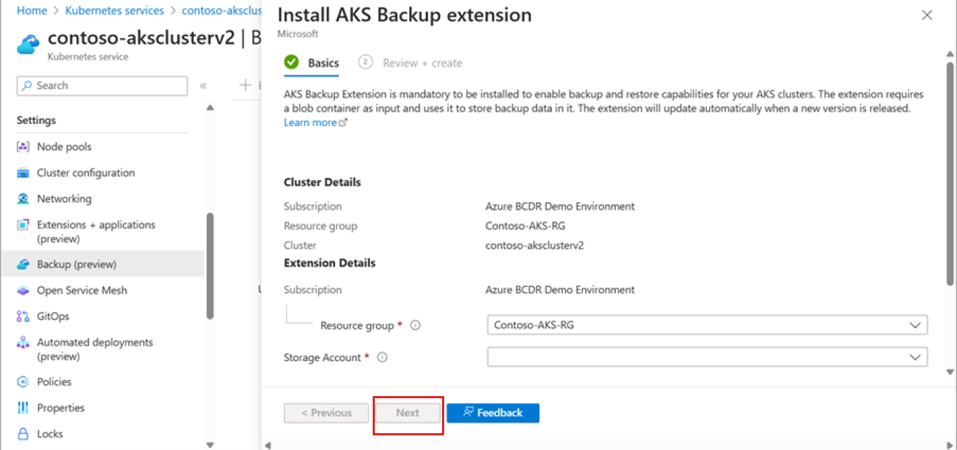 Captura de pantalla que muestra cómo añadir detalles de almacenamiento y blob para la copia de seguridad.