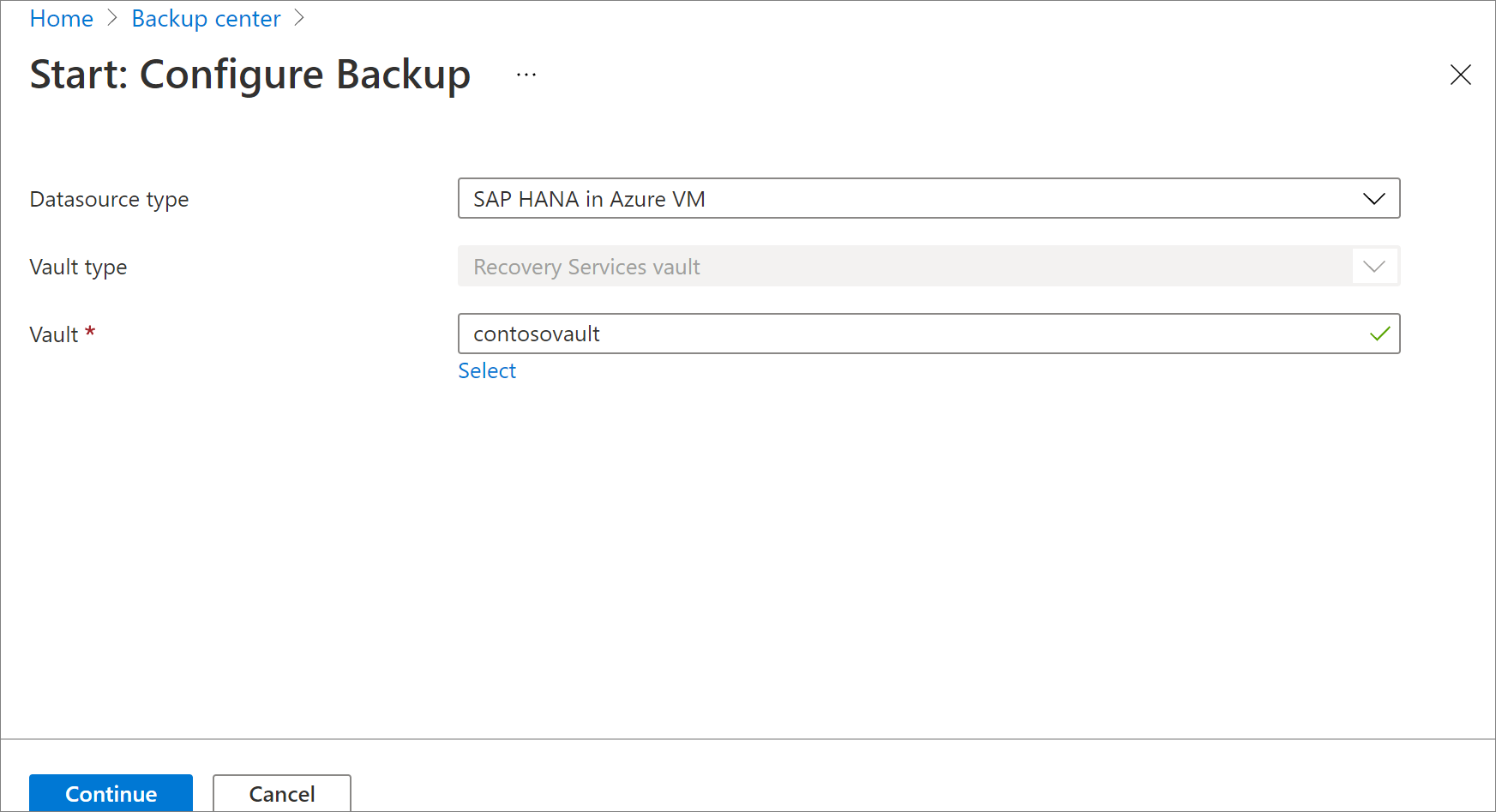 Captura de pantalla que muestra dónde seleccionar SAP HANA en la máquina virtual de Azure como el tipo de origen de datos.