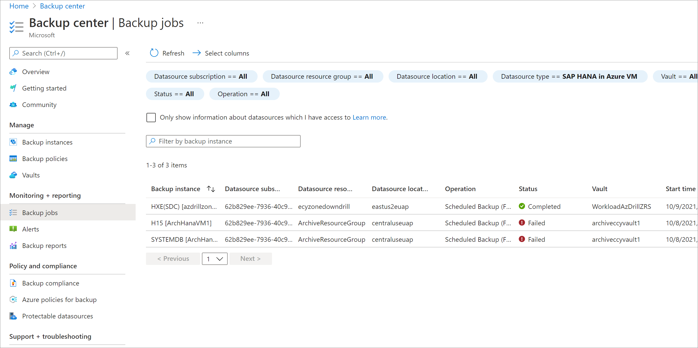 Captura de pantalla que muestra los trabajos de copia de seguridad filtrados.