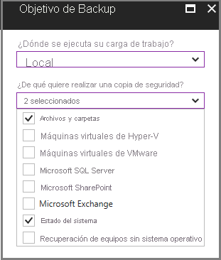 Captura de pantalla que muestra el menú Objetivo de copia de seguridad.