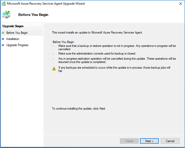 Screenshot shows how to upgrade the MARS agent via the Microsoft Azure Recovery Services Agent Upgrade wizard.