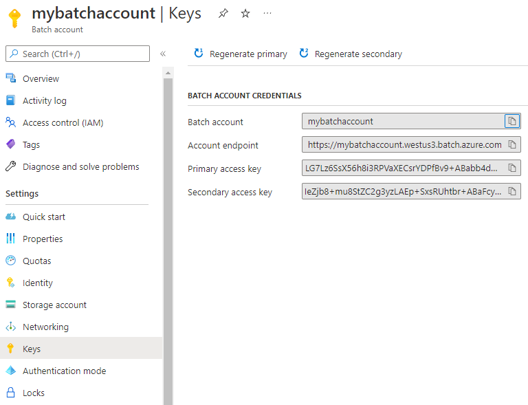 Captura de pantalla de las claves de la cuenta de Batch en Azure Portal.