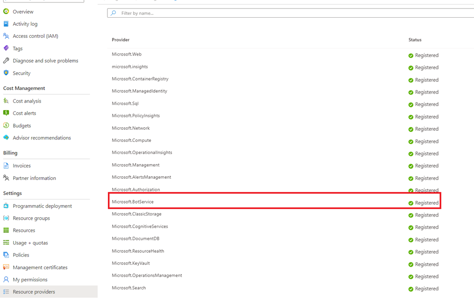 Microsoft.BotService registrado como proveedor de recursos