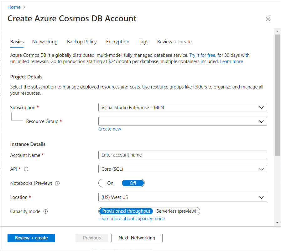 Screenshot of creating your Cosmos DB account.