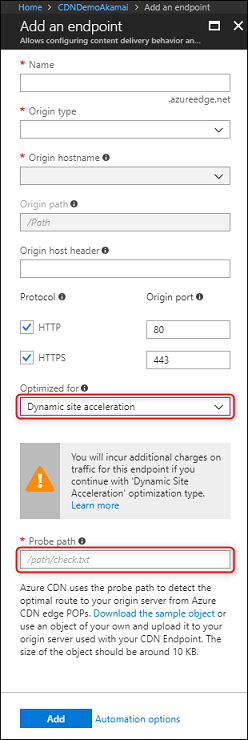 Captura de pantalla de la creación de un nuevo punto de conexión de red de entrega de contenido con DSA.