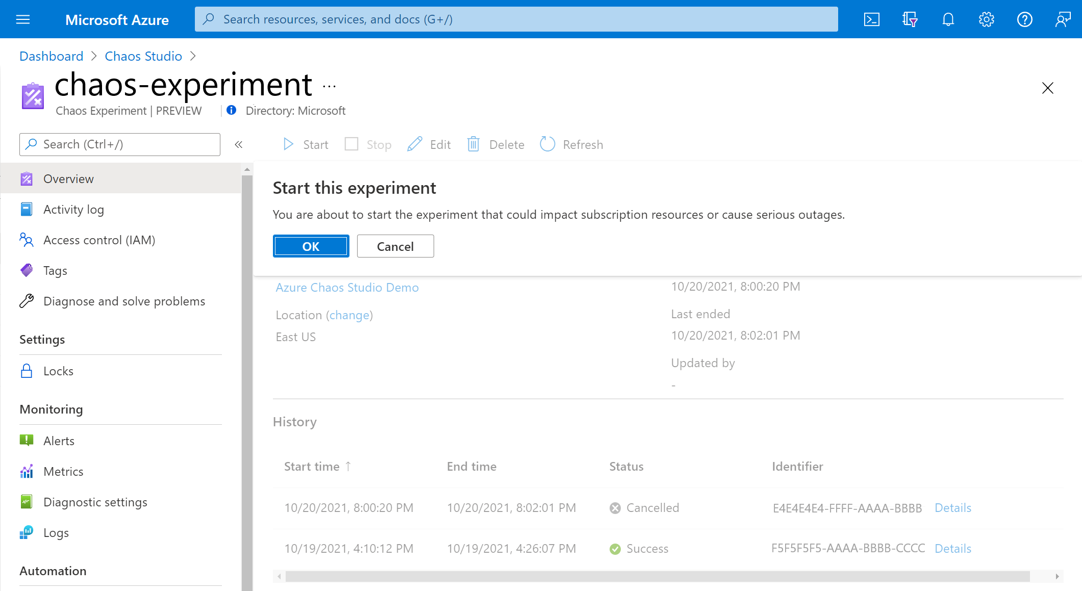 Screenshot that shows the Start this experiment pane.