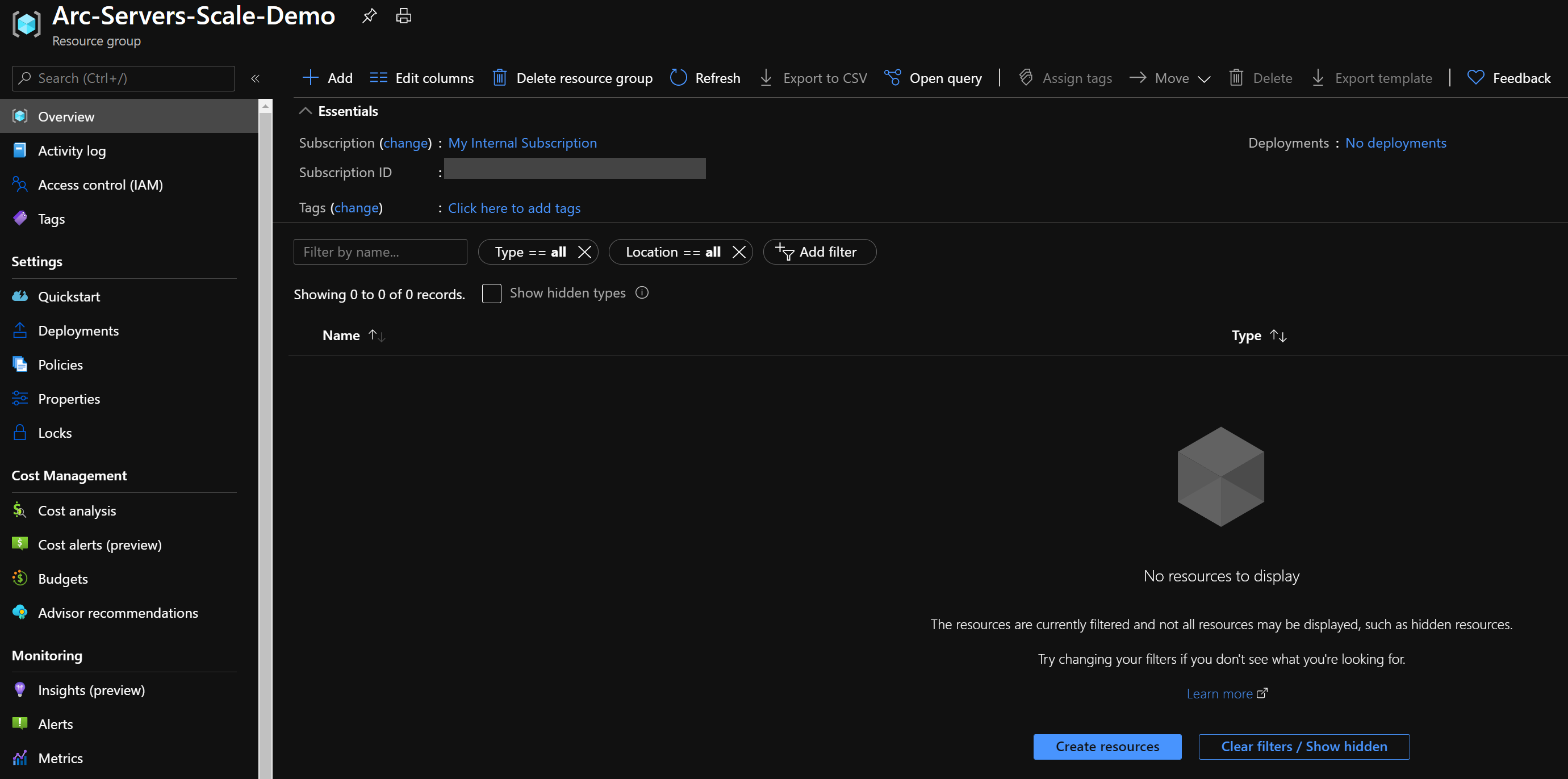Screenshot of an empty Azure resource group.