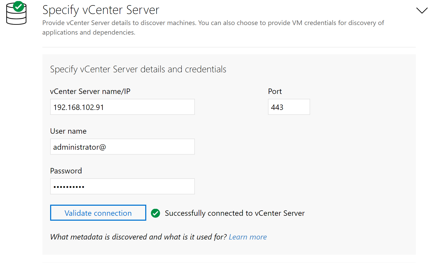 Captura de pantalla de la sección para configurar las credenciales de VMware vCenter.