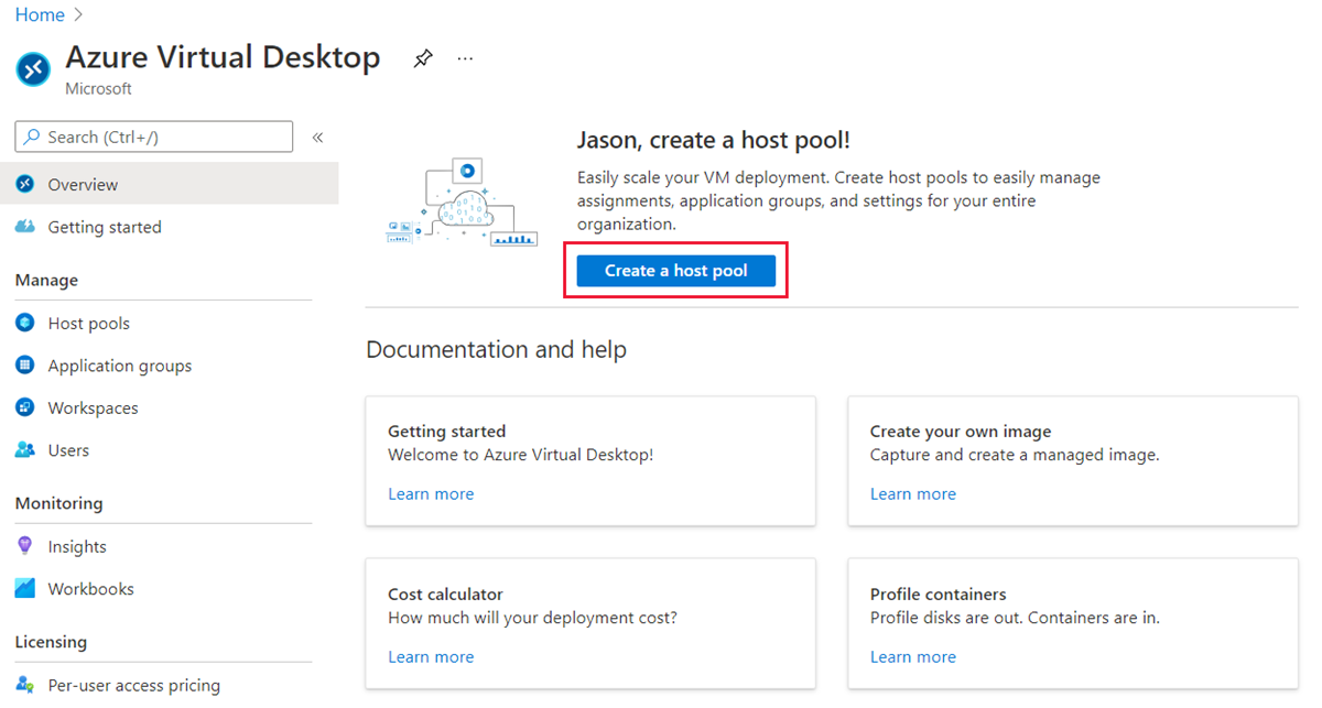 Captura de pantalla que muestra la creación de un grupo de hosts en Azure Virtual Desktop.