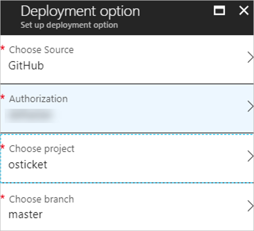 Captura de pantalla de los detalles de la opción en el panel Opción de implementación.