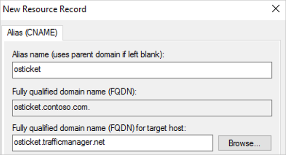 Captura de pantalla del panel Nuevo registro de recursos en el que se muestra el nombre de alias y un puntero a Traffic Manager.