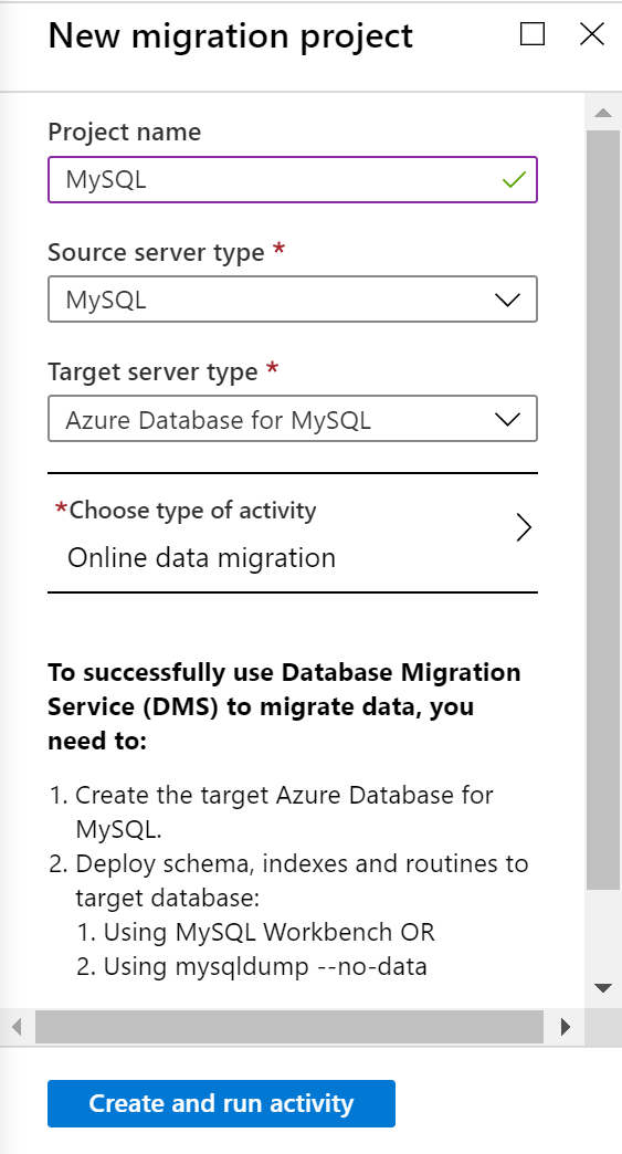 Captura de pantalla del panel Nuevo proyecto de migración de MySQL.