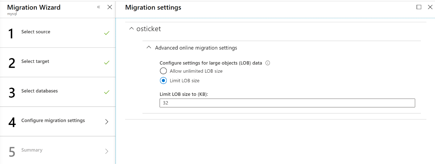Captura de pantalla del panel Configuración de migración del Asistente para migración.