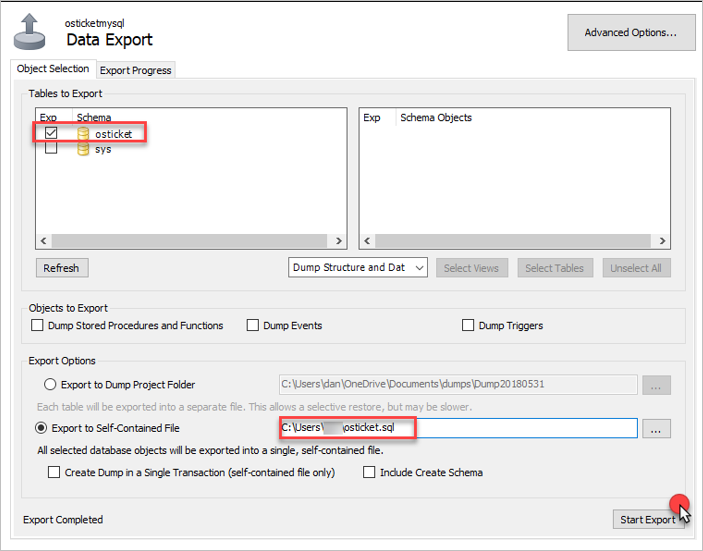 Captura de pantalla del panel Exportación de datos de MySQL Workbench.