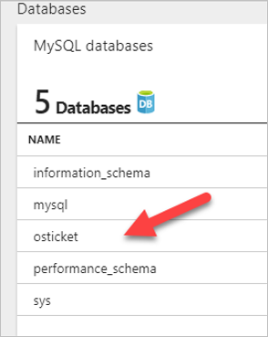 Captura de pantalla de la hoja de bases de datos de MySQL con una flecha que apunta a la base de datos osTicket.