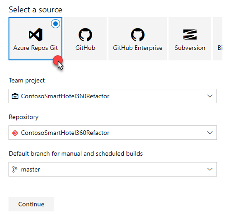 Captura de pantalla del botón Repositorio Git de Azure y el repositorio seleccionado.