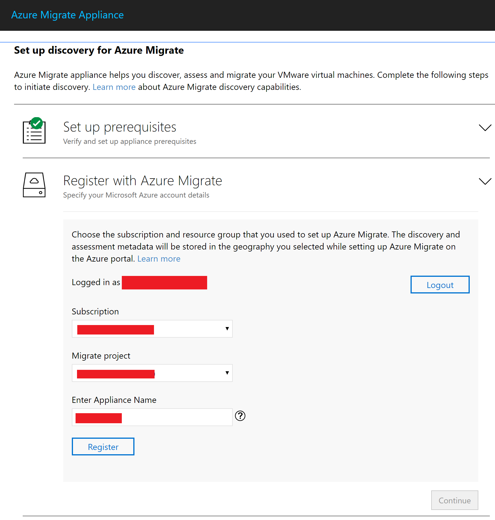Captura de pantalla que muestra las selecciones para el registro con Azure Migrate.