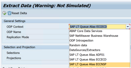 Captura de pantalla que muestra la lista desplegable Contexto de ODP en el cuadro de diálogo Extraer datos.