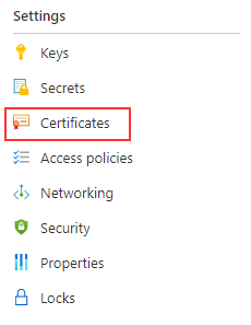 Image shows selecting the certificates option from the key vault blade policies window in the Azure portal.