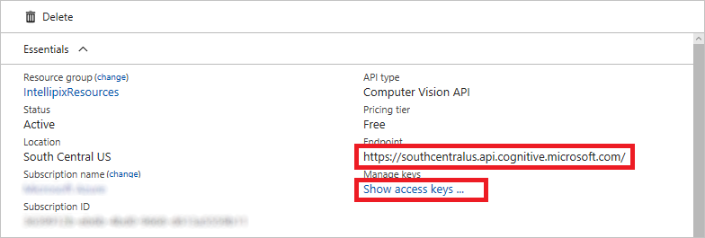 Página de Azure Portal con el vínculo a las claves de acceso y a la dirección URL del punto de conexión resaltado