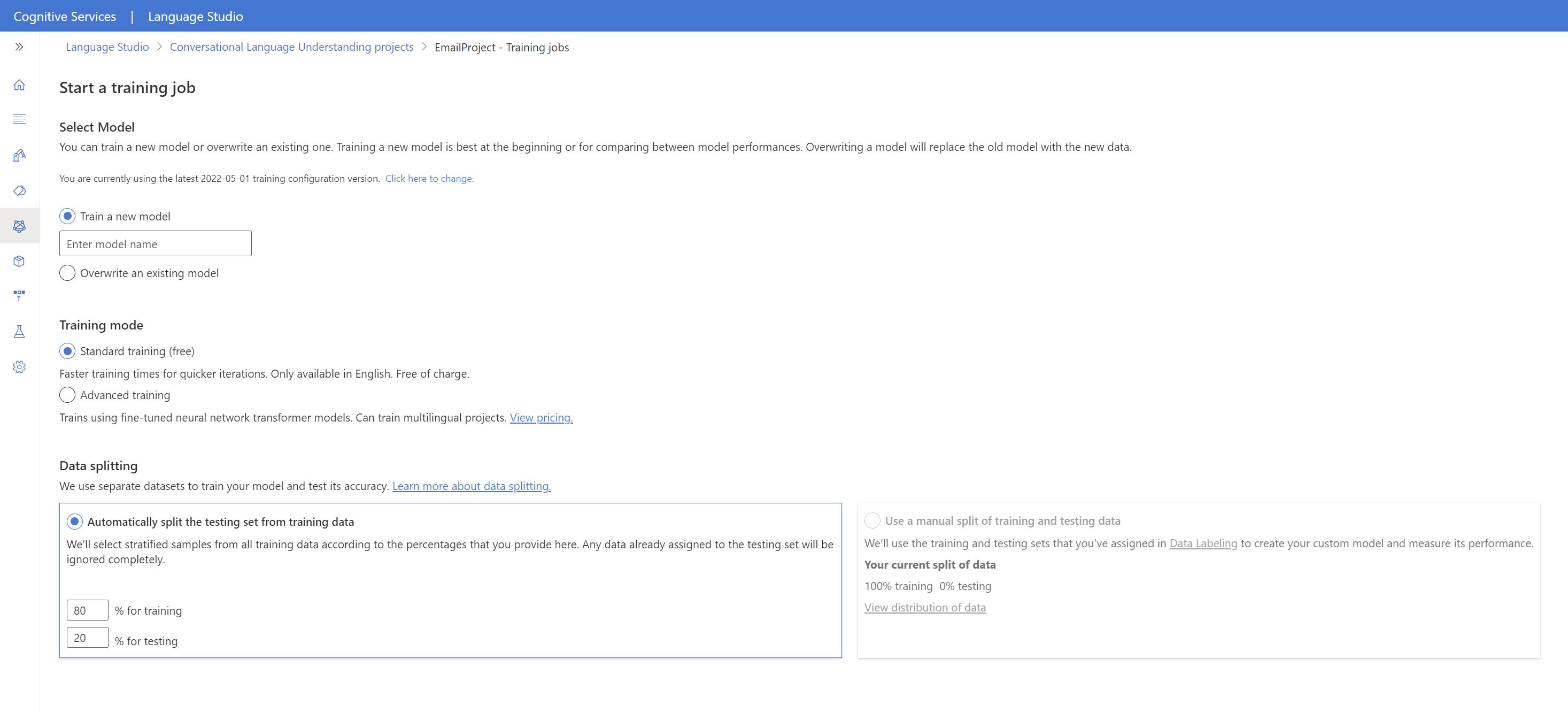 Captura de pantalla que muestra la página de entrenamiento en Language Studio.