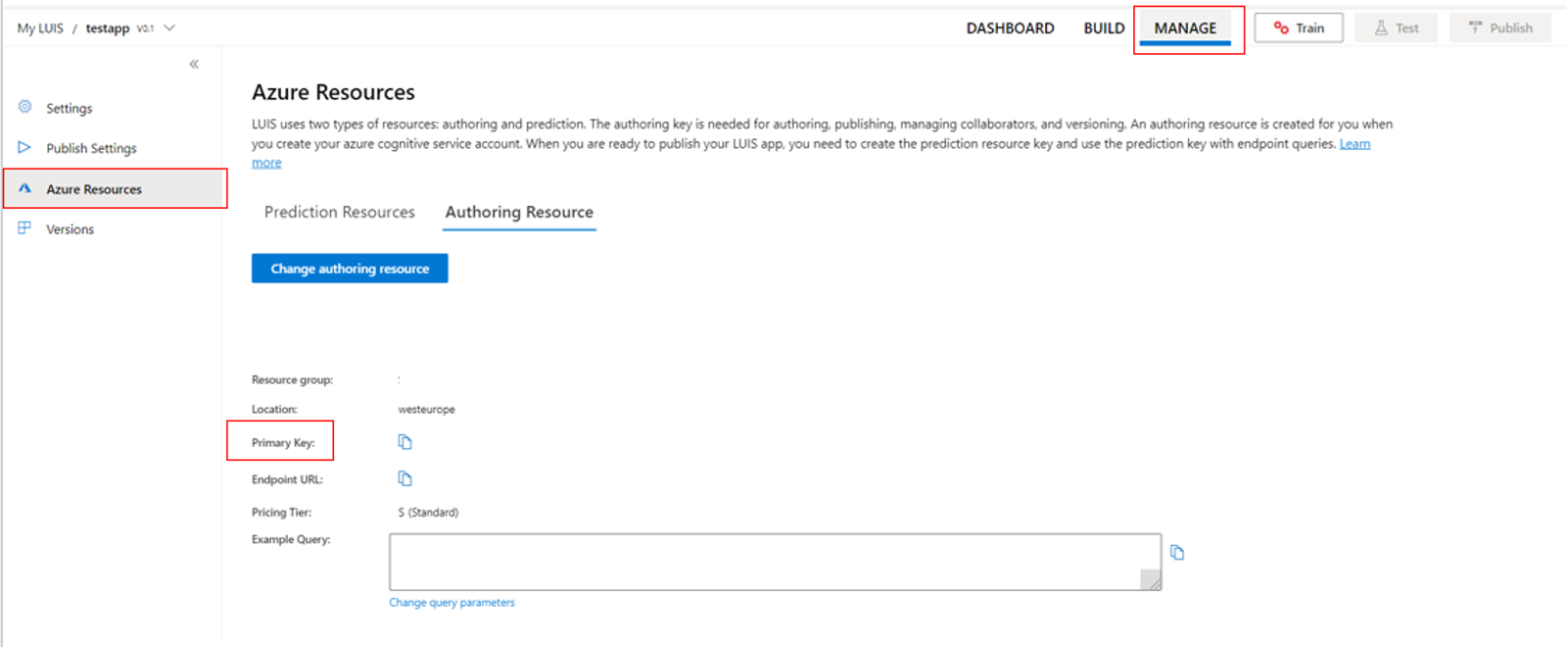Shows a screenshot of the LUIS portal keys and endpoint settings.