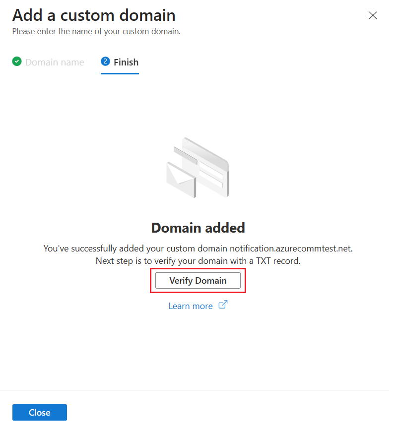 Captura de pantalla que muestra que el dominio personalizado se agregó correctamente para su verificación.