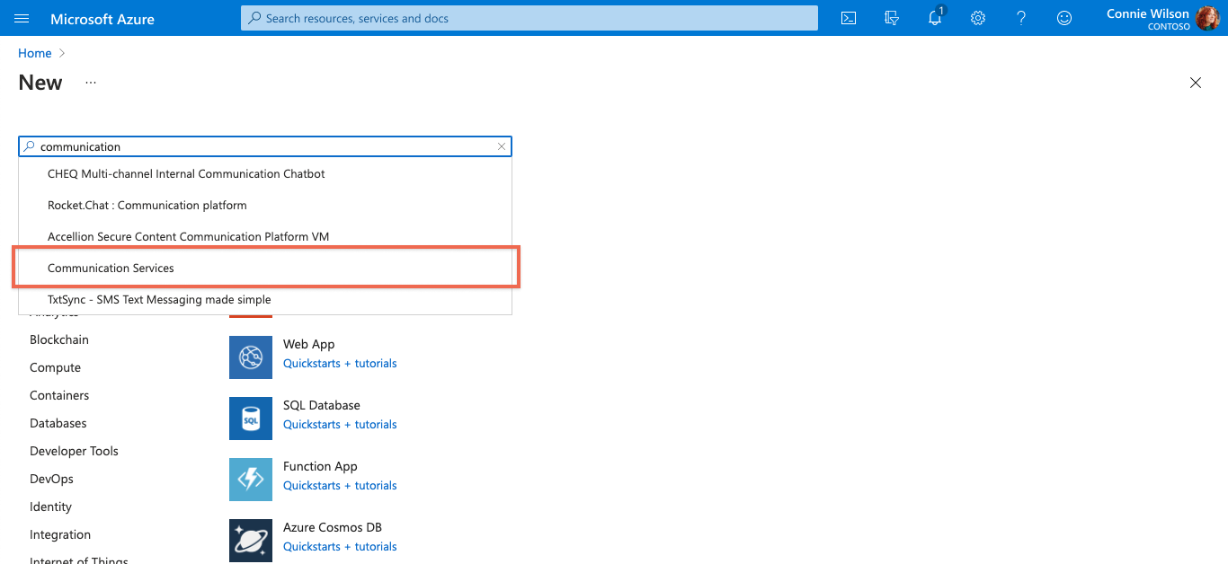 Captura de pantalla que muestra una búsqueda de Communication Services en la barra de búsqueda.