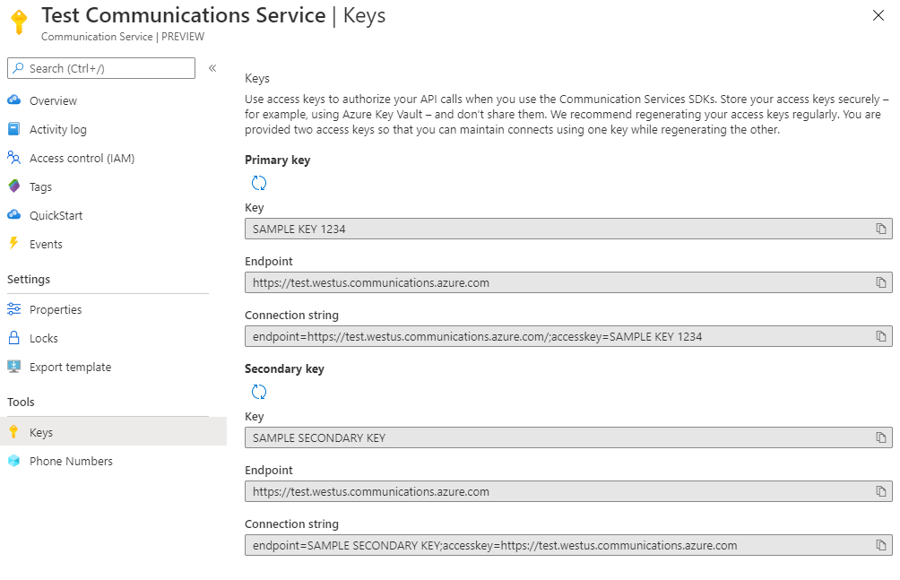 Captura de pantalla de la página de claves de Communication Services.