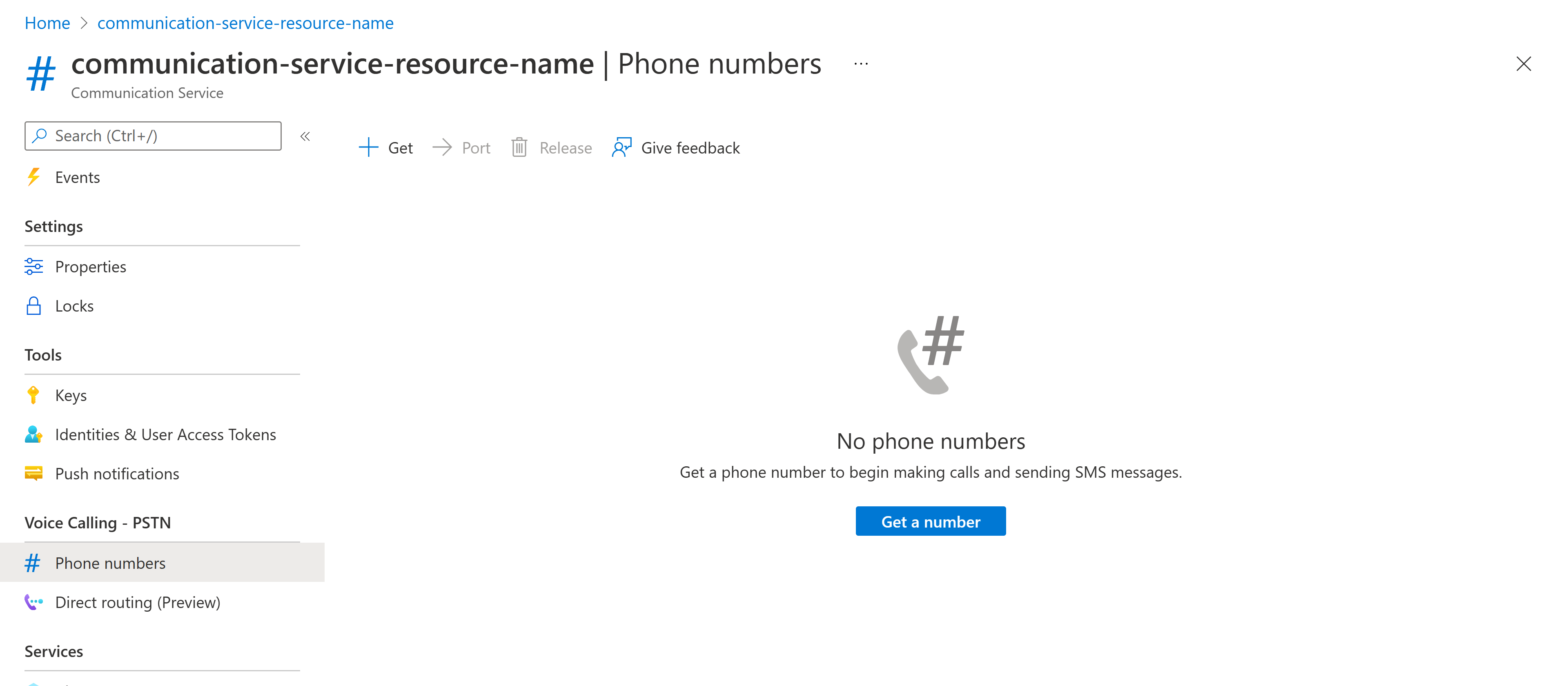 Captura de pantalla que muestra la página de teléfonos de un recurso de Communication Services.