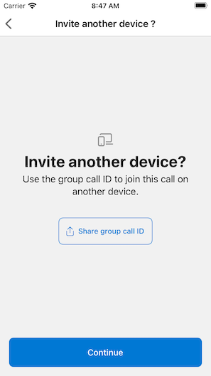 Captura de pantalla que muestra la pantalla para compartir el Id. de grupo para la aplicación de ejemplo.