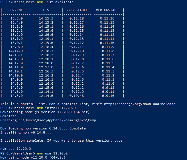 Captura de pantalla que muestra los comandos para implementar una versión de Node.