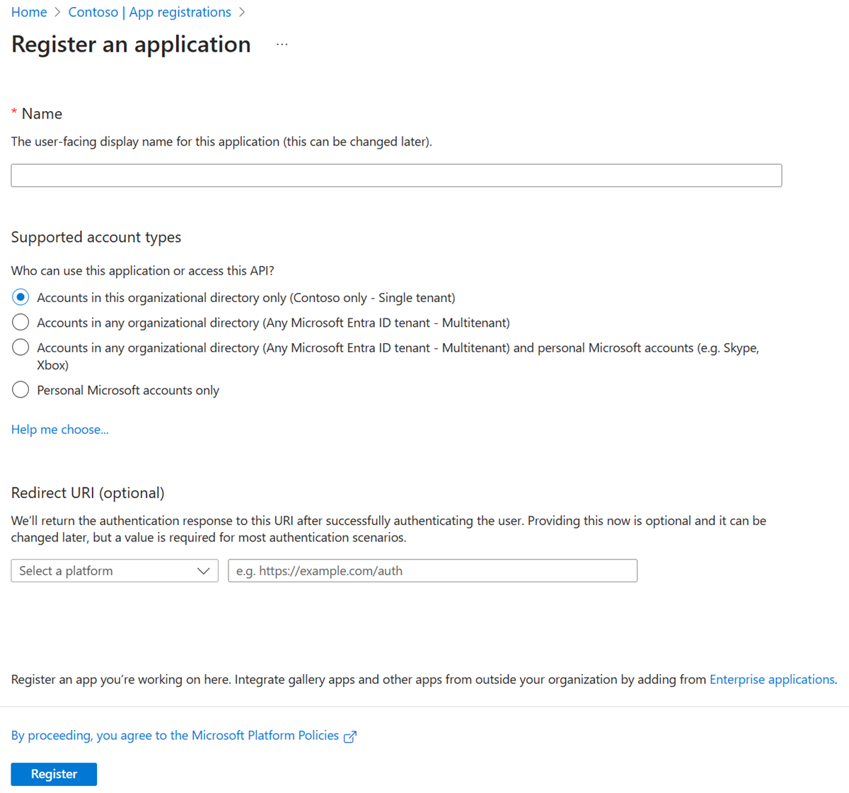 Screenshot of the Azure portal in a web browser, showing the Register an application pane.