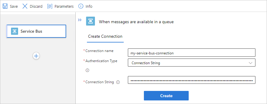 Captura de pantalla del flujo de trabajo estándar, el desencadenador integrado de Service Bus y la información de conexión de ejemplo.