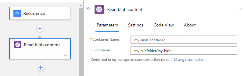 Screenshot showing Standard workflow with Blob built-in action setup for subfolder.