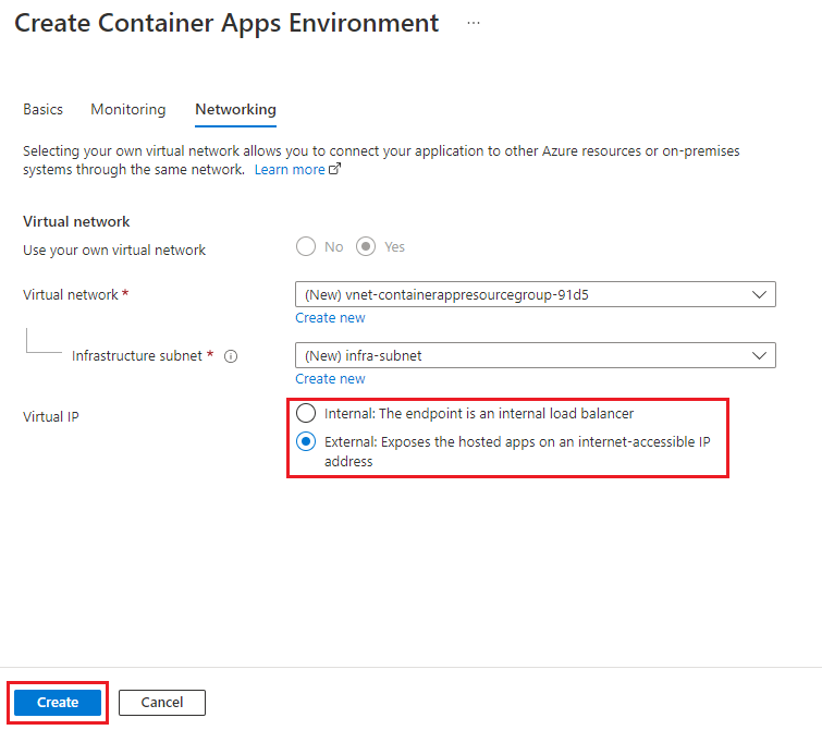 Screenshot of Networking tab in Create Container Apps Environment page.