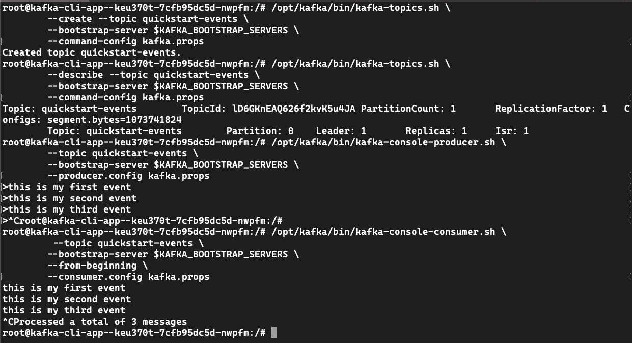 Captura de pantalla de los registros de salida de la Container App de la CLI Kafka.