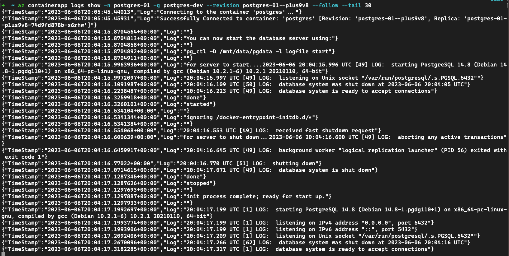 Captura de pantalla de los registros del servicio PostgreSQL de la aplicación de contenedor.