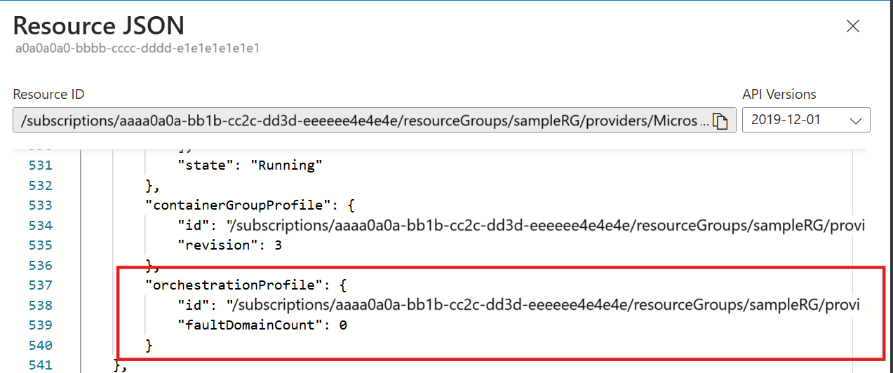 Captura de pantalla de un json de Azure Resource Manager de NGroups CG que muestra la propiedad OrchestratorId.