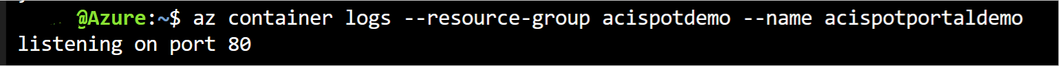 Captura de pantalla de la salida de los registros de contenedor después de una implementación exitosa para mostrar la aplicación contenedora helloworld en ejecución, PNG.